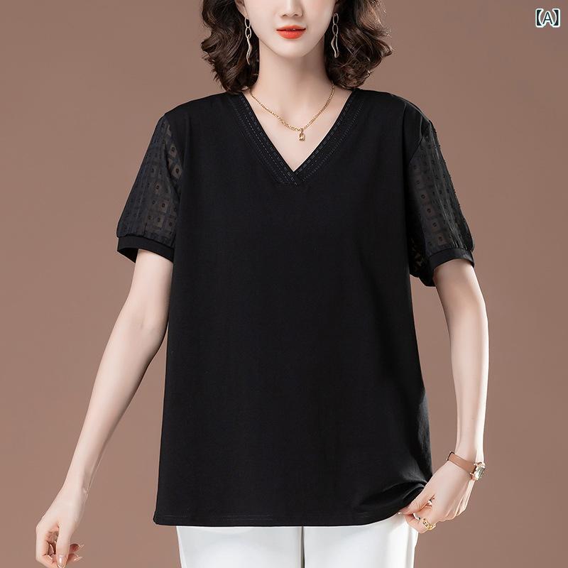 Tシャツ レディース 夏 純棉 短袖 トップス 女性用 ゆったり ビッグサイズ 雪? Vネック 体型カバー 中長丈 65-80cm 黒 白 シンプル 日韓カジュアル 95% 綿素材 日常使い リラックスウェア ゆったりシルエット