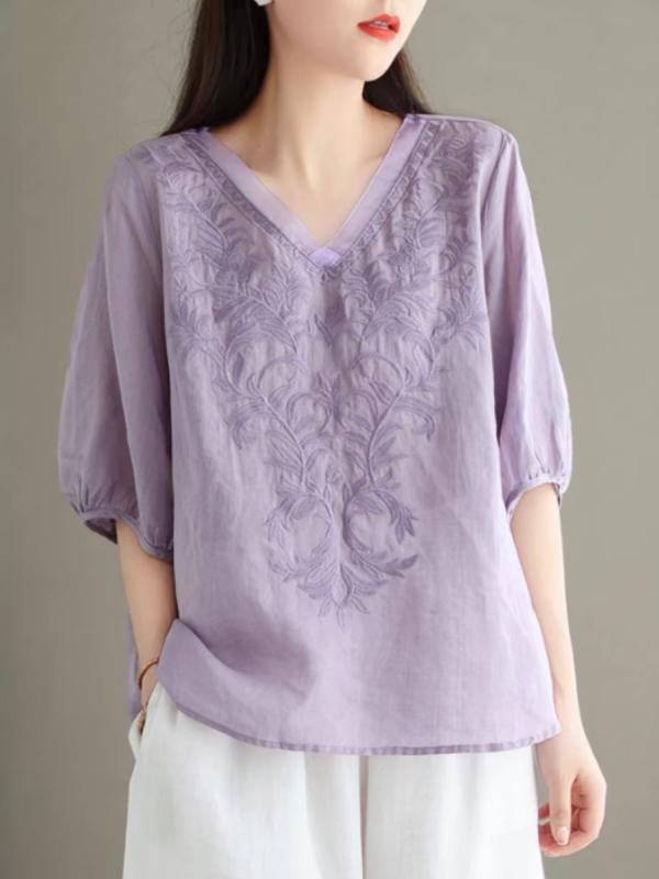 {"result": "レディース Tシャツ 刺繍 苧麻 綿麻 短袖 トップス Vネック ゆったり 春夏 切り替え 柄 かわいい 私服 オフィス デイリー 桔黄 紫 緑 軽量 通気性 吸湿速乾 伸縮性 ビッグシルエット ハイネック ラウンドネック 舟首