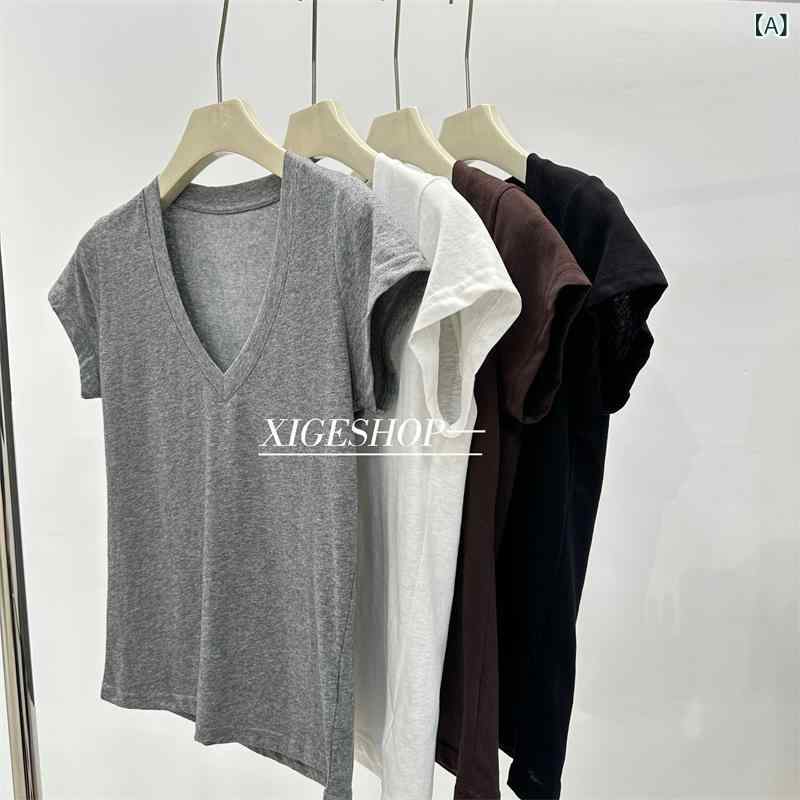 Tシャツ レディース Vネック 純色 修身 短袖 上衣 綿 ポリエステル 直筒 白色 黒 グレー ブラウン 夏 日常 運動 観光 ヨガ 柔軟 快適 軽量 カジュアル スタイリッシュ 日韓風
