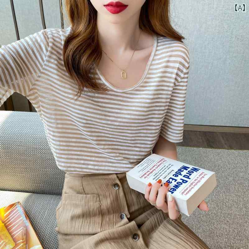 Tシャツ レディース 夏季 薄手 海魂衫 ストライプ トップス 女性用 半袖 Vネック ゆったり コットン 100% 都市風 通勤スタイル 気質 カジュアル ブラック ミルクティー ベージュ ライトブルー グレー グリーン オレンジ
