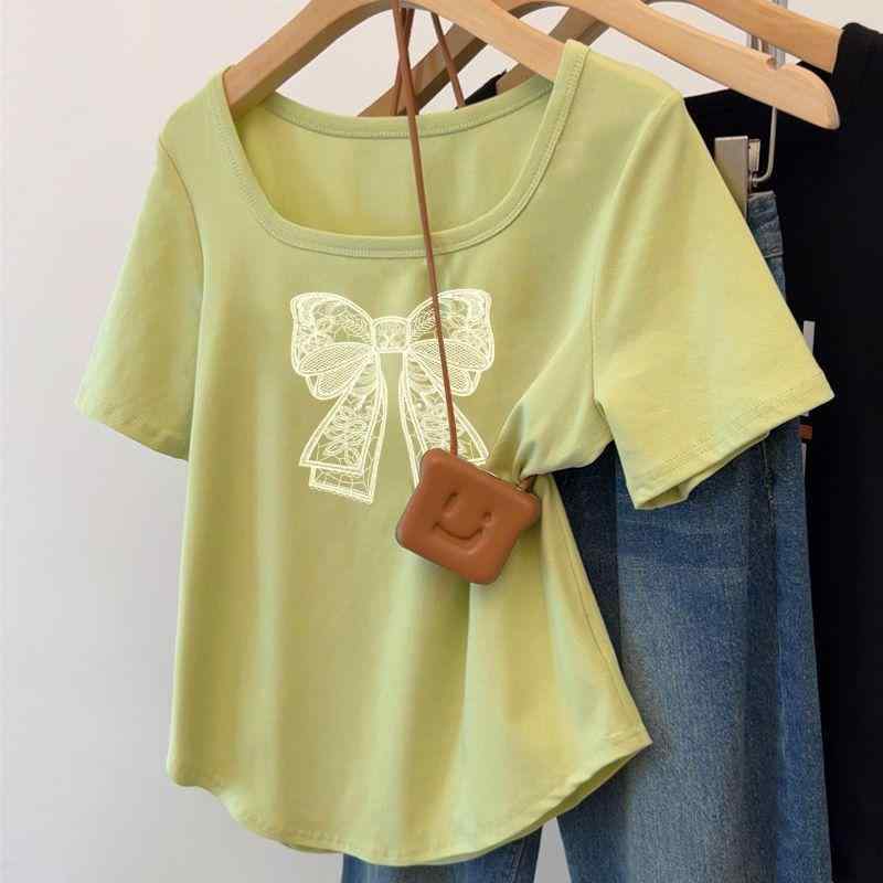 Tシャツ 女性用 大きいサイズ 短袖 コットン 100% ゆったり デザイン トップス 抹茶緑 酒赤 黒 白 シンプル プリント 方領 セットアップ 夏 消臭 速乾 通勤 デイリー 韓国風