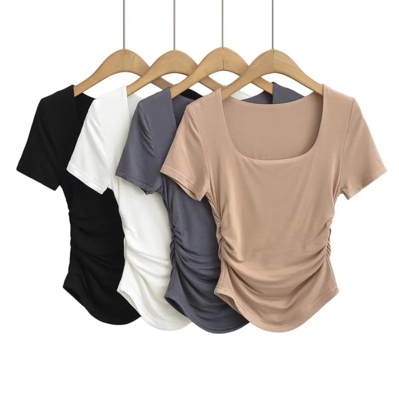 Tシャツ レディース 夏 短袖 方領 Uネック 褶? 切り替え 修身 タイト ウエストシェイプ トップス 混紡 ・届? 純色 黒 白 ・柑其 深灰 街頭 潮流 セクシー 辣妹 スタイル 短丈 流行 元素 女性 かわいい 性感 上衣