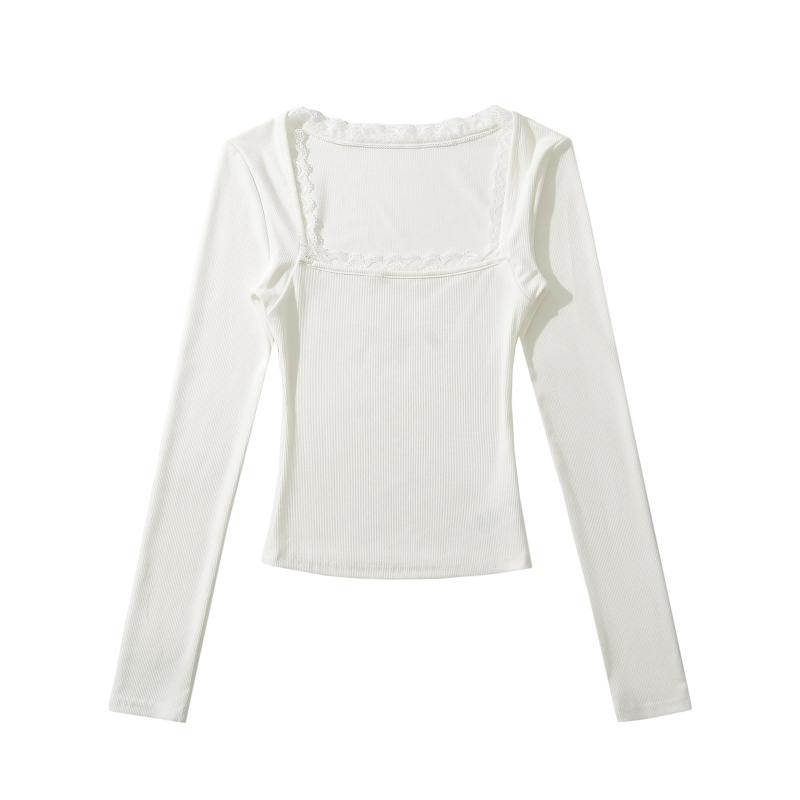 レディース Tシャツ 長袖 方領 修身 花辺 トップス 女性用 痩せ見せ 黒 白 灰 杏 色 コットン混紡 粘膠繊維 純色 セットイン 短丈 ストリート スタイル 欧米風 日常 ユース 柔軟 素材 適度 柔らかい