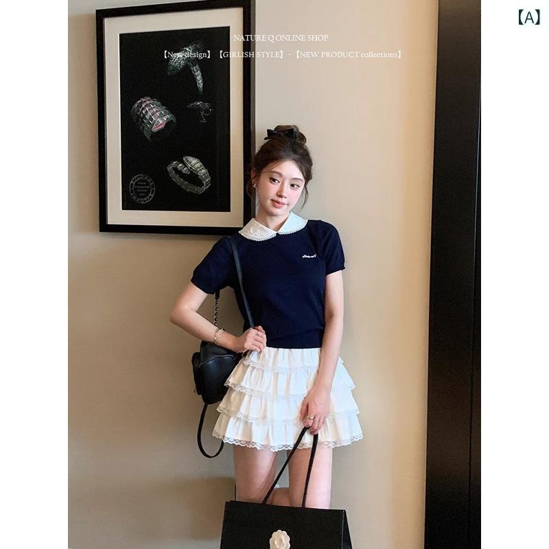 Tシャツ レディース 針織 短袖 偽二枚重ね ドルマンスリーブ 夏 コットン 綿 中厚 スリムフィット クラッシュカラー 刺繍 セットアップ 甘め かわいい 爽やか デイリー 普段使い ナビーブルー グレー イエロー