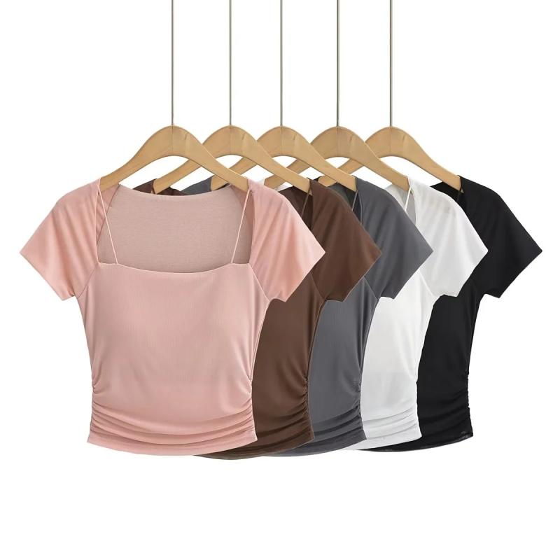 Tシャツ 女性用 短袖 方領 修身 切り替え レース ネット素材 通勤 気質 スタイル 黒 白 ピンク ポリエステル 軽量 伸縮性 春夏