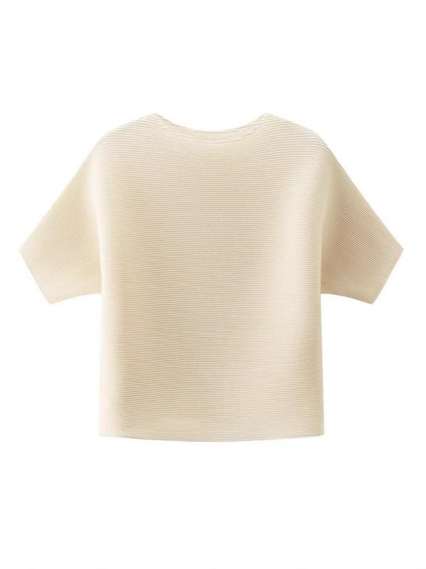 Tシャツ レディース 丸首 単色 ゆったり プリーツ トップス 通勤 普段使い 短袖 夏 涼しい ポリエステル 黄色 米色 黒 気質 優雅 風