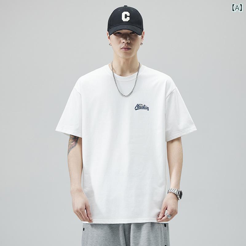 メンズ Tシャツ 短袖 夏用 コットン100% 透気性 吸湿速乾 落肩袖 ゆったりシルエット 丸首 プリント柄 白色 黒 カーキ 青年向け カジュアル 青春流行 半袖 トップス 印花 クリエイティブ 趣味 普通厚 2024夏 セットアップなし