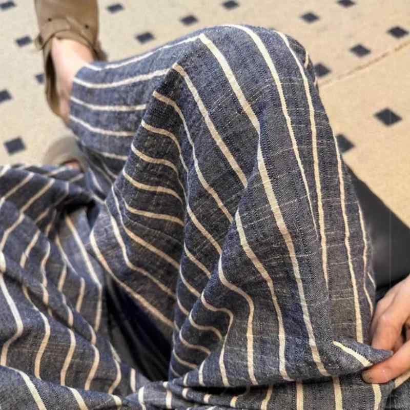 レディース 夏用 休?? 綿麻 素材 ストライプ柄 高腰 ワイドレッグ ロングパンツ 直筒型 切り替えデザイン 微弾性 涼しい 快適 日韓スタイル ブルー ストライプ 普段使い 通勤 軽量 再生繊維 混紡 ゆったりシルエット