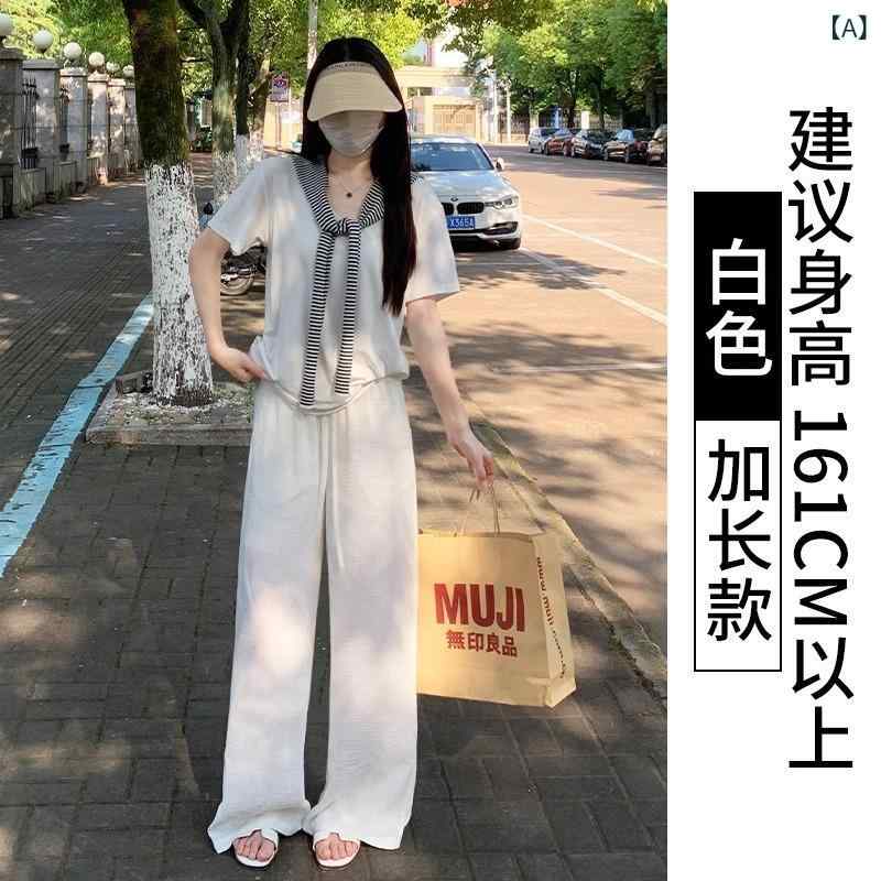 レディース ワイドパンツ 高腰 ロング 薄手 微弾力 切り替え 綿麻 コットン アスレジャー 普段使い 快適 軽量 通勤 デイリー 白色 ピンク ブルー