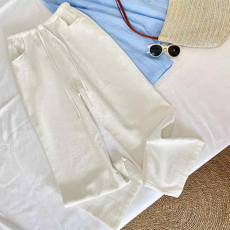 レディース ワイドパンツ 綿麻 素材 白色 夏 2025 夏季 高腰 直筒 ロング 丈 松弛 感 垂感 快適 休? 都市 スタイル 復古 風 中厚 無弾力 女性 向け