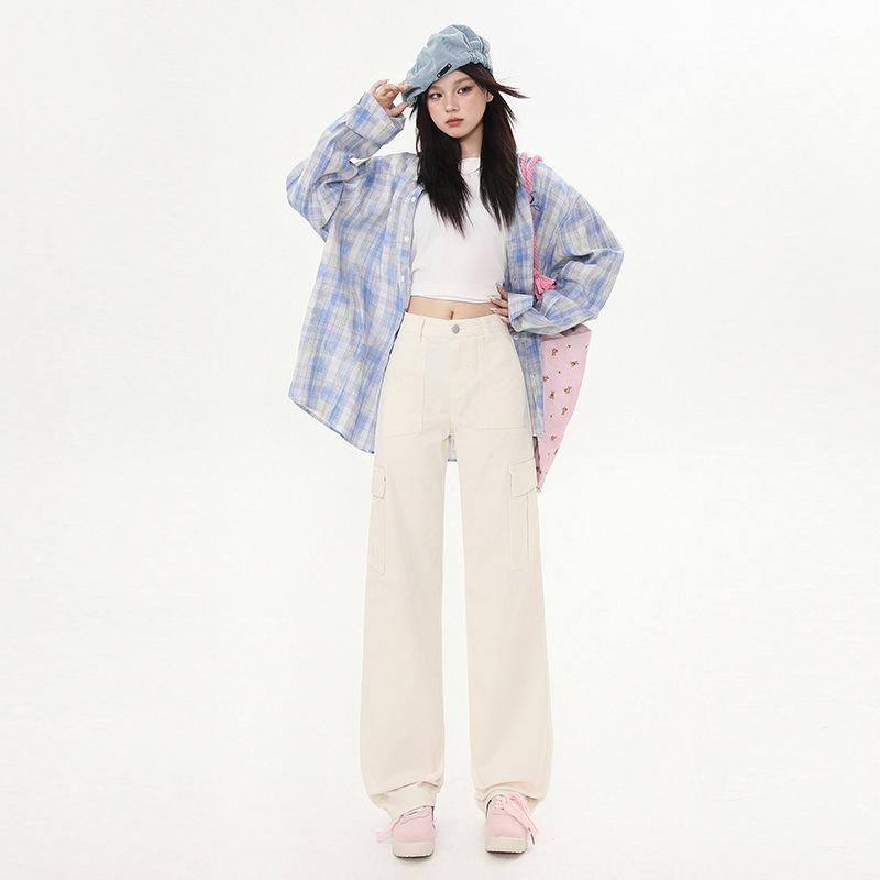 レディース デニムパンツ 工装パンツ ストレート ワイドレッグ 高腰 コットン ミックス 微弾性 ポケット デザイン ミッドウェイト 秋冬 街頭スタイル ヴィンテージ風 普段使い 軽量 カラーブロック カーキ 黒 グリーン ベージュ｜リメイクバディー