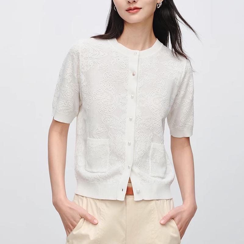カーディガン ニット 短袖 開衫 トップス 外套 女性用 修身 薄手 ナイロン スパンデックス 提花柄 切り替え デザイン ピンク ホワイト 夏 春夏 日韓 スタイル 休? 風 丸首 五分袖 単排 ボタン 普通丈 50-65cm