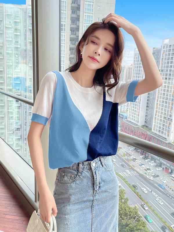 Tシャツ 女性用 夏 春夏 丸首 短袖 切り替え 接触冷感 ニット 薄手 ゆったり 緑 ブルー 通勤 気質 スタイル 軽量 涼しい トップス 半袖