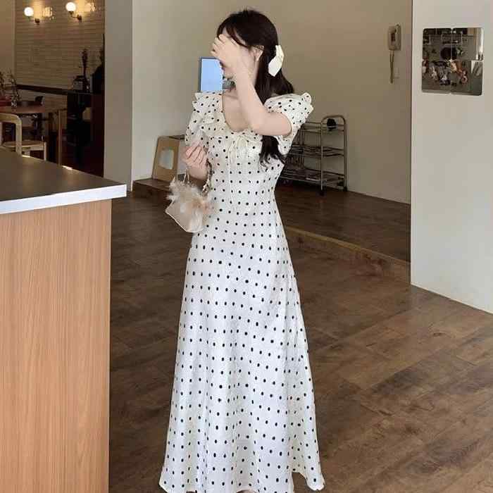ワンピース レディース 杏色 ポルカドット Aライン Vネック 泡泡袖 短袖 高腰 プリーツ スカート 夏 海辺 度假 清新 甘め スタイル 涼しい 軽量 聚? 繊維 女性用 ロング丈 気質 スリム フレンチ スタイル ビーチ ウエア 優しい 風合い ド
