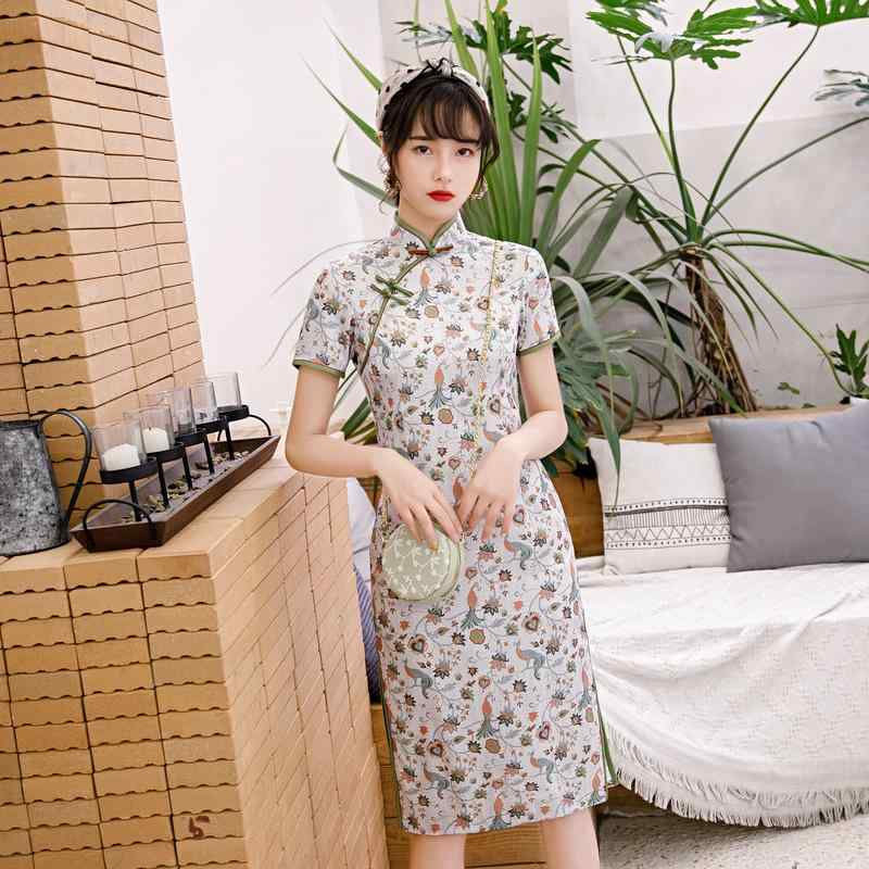 チャイナドレス 女性用 修身 2層構造 中長丈 改良型 ドレス 斜め襟 立領 短袖 低開・楷 弾力雪?裏地 雀羽サテン 生地 緑 紫 孔雀柄 緑 紫 夏 シーズン ネイルビーズ 装飾 隠しジッパー 成人向け 緑 紫 孔雀柄 弾力 快適 緑 紫 華やか 夏
