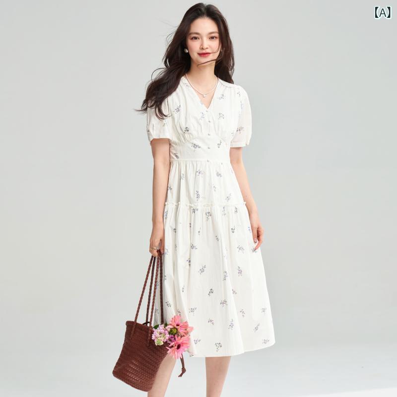 ワンピース 女性用 白色 純棉 プリント フラワー Vネック 高腰 泡泡袖 短袖 中長丈 スカート 木耳縁 2025 夏 清新 甘美 スタイル 温柔 風