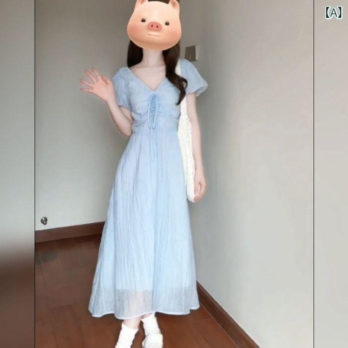 ワンピース レディース Vネック 泡泡袖 A字 スカート 中長丈 低腰 ミルクブルー 夏 ?? ポリエステル 繊維 単品 肩? デザイン 系? ラック 気質 優雅 復古 風 芸術 拉? ドア 襟 純色 固色 プロセス クラフト 生産地 広東 スタイル 肩