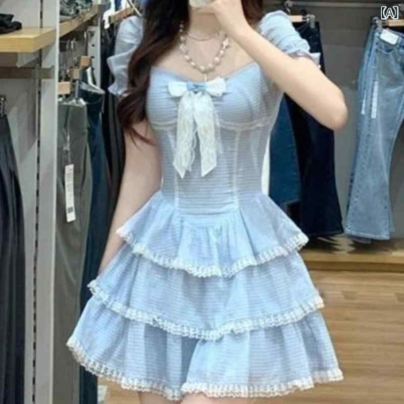 ワンピース 女性用 麻素材 短丈 ケーキスカート スクエアネック 泡泡袖 短袖 蝶結び 切り替え レース 花辺 ブルー かわいい 甘め フレンチスタイル 軽量 通気性 街頭ファッション 夏