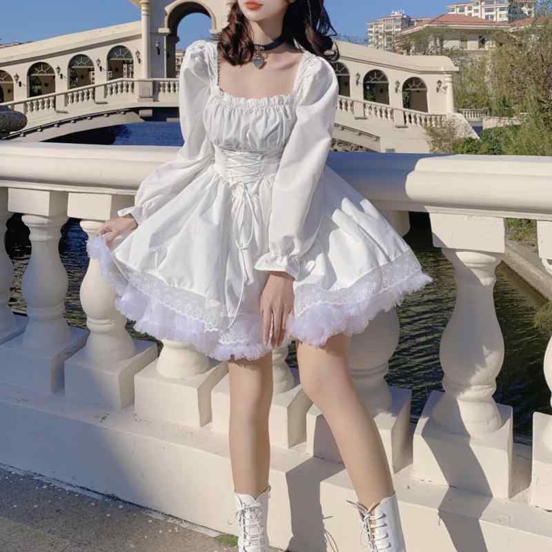 ワンピース レディース 春夏 プリンセススカート 泡泡袖 包みスカート 胸元レース 切り替えデザイン 高腰 方領 長袖 甘めスタイル 清新 街頭ファッション 涼感コットン ポリエステル混 白色 黒 軽量 かわいい 女性用 単品 短丈