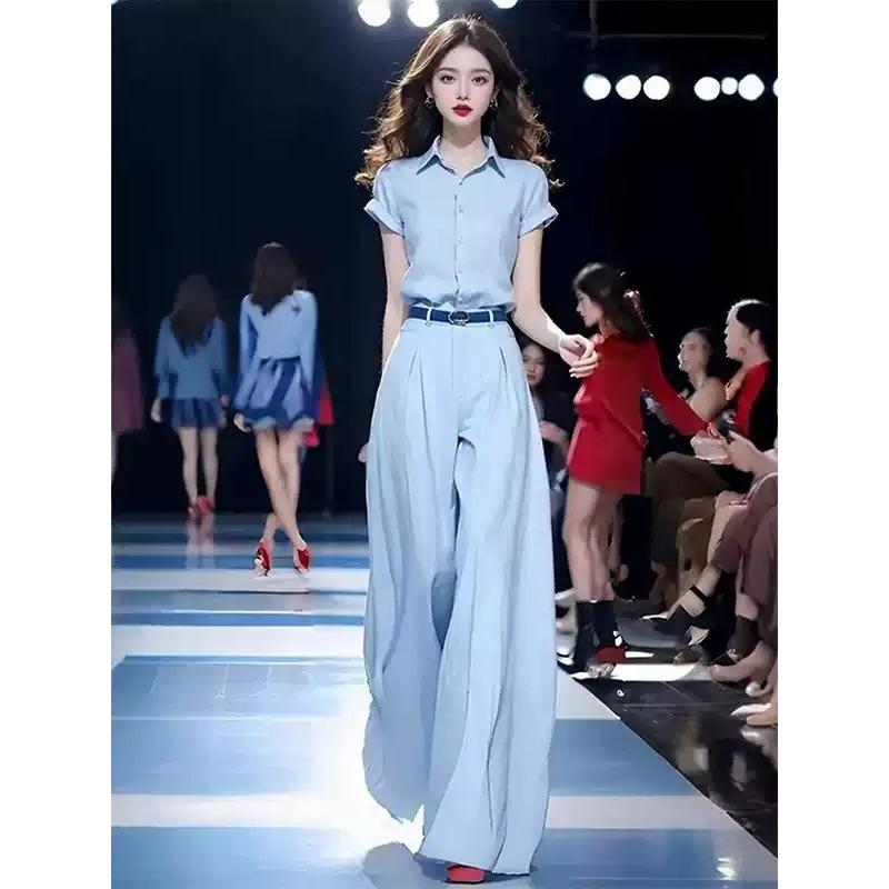 レディース セットアップ 短袖 シャツ ハイウエスト ワイドパンツ 夏 服 灰色 アクリル繊維 95%以上 通勤 スタイル 都市風 飛袖 超長袖 気質 洋気 時髦 気品 女性用 トップス ボトムス 組み合わせ 軽やか 涼しい ロング丈 スカート風 スカー