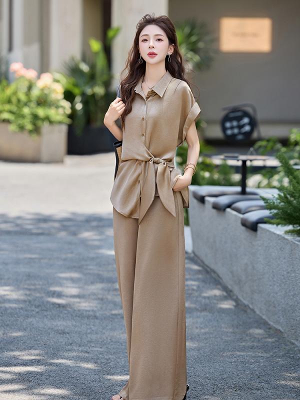 レディース セットアップ シャツ ワイドパンツ 夏服 収腰 デザイン 気質 通勤風 系帯 ポリエステル 長ズボン 三分袖 純色 ブルー ベージュ イエロー 軽量 涼しい 快適 コーディネート トップス ボトムス スタイリッシュ