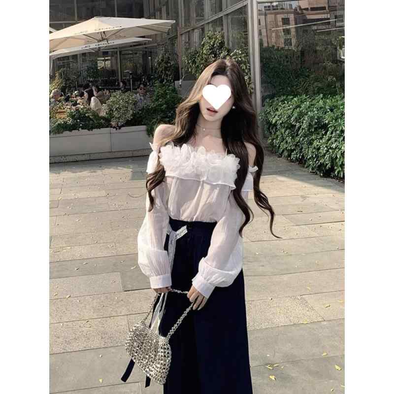レディース セットアップ 春夏 通勤 セット 立体花 ワンショルダー シャツ 高腰 ワイドパンツ 長袖 飛ぶ袖 牛仔布 ?? 95%以上 都市風 気質 系帯 切り替え デザイン 長ズボン 開衫 トップス ボトムス デニム素材 伸縮性 軽量 ハイウエスト