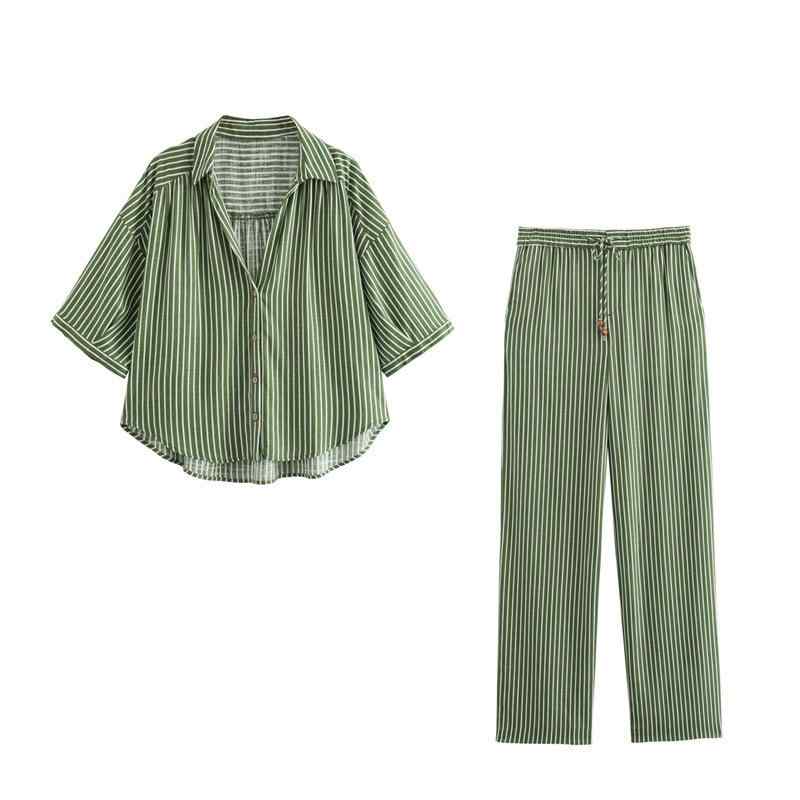レディース セットアップ 夏服 条紋 シャツ 長袖 シャツ ワイドパンツ 麻混紡 ?? ポリエステル 混紡素材 ゆったり シルエット 印花 プリント 加工 街頭 スタイル 欧米風 個性 ストリート ファッション 長ズボン フルレングス 5分袖 半袖 タイ