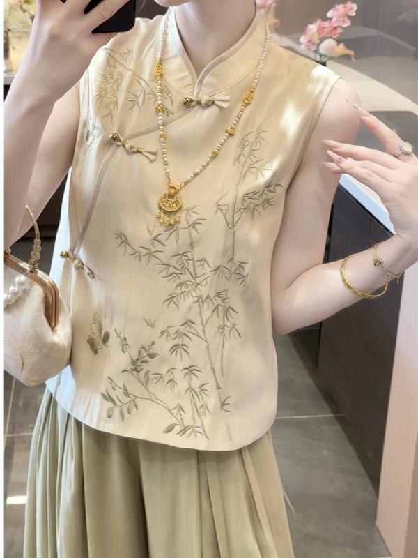 レディース セットアップ 無袖 シャツ ワイドパンツ チャイナ トップス 香? 緑 花柄 ポリエステル 素材 通勤 スタイル 夏 コーデ 軽やか シルエット 気質 デザイン 女性 服 2点 セット OL ビジネス 普段使い 爽やか 組み合わせ 涼しい ポ