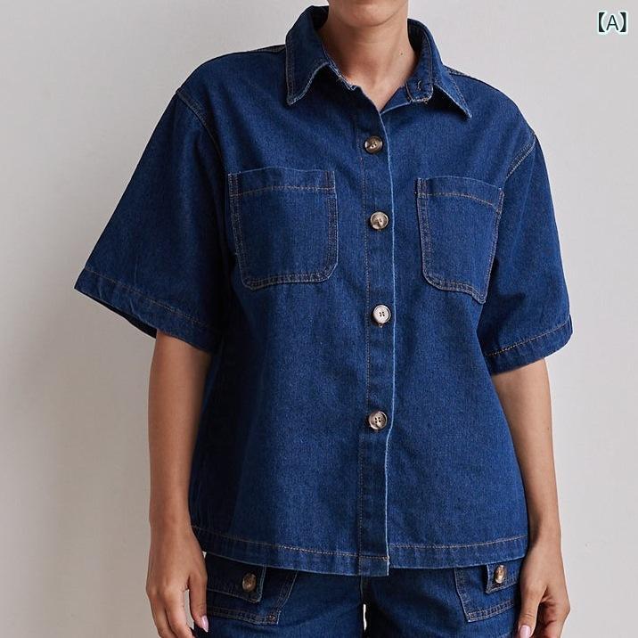 レディース トップス シャツ 牛仔 ショートパンツ セット 春夏 秋冬 オールシーズン ゆったり 落肩袖 切り替え ヴィンテージ風 デニム 綿 ポリエステル コットン ポリエステル ミックス 深藍 浅藍 グレー 黒 欧米風 ストリート 個性派 街頭スタイ
