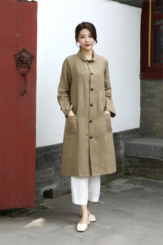 トレンチコート レディース アウター ロング丈 亜麻 リネン ヴィンテージ風 サンドウォッシュ加工 春服 長袖 カジュアル シンプル 羽織り 無地｜リメイクバディー