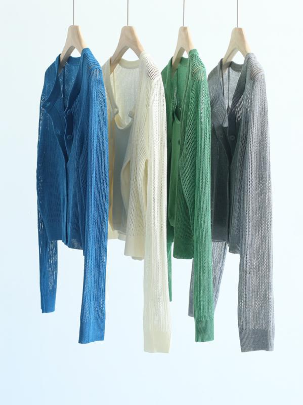 レディース 開衫 外套 吊帯 背心 ニット 2点セット 上衣 春夏 韓風 純色 丸首 刺繍 麻 素材 翠緑 杏 灰 長袖 日常 ゆったり 軽量 涼感 通勤 旅行 着回し トップス ブラウス カーディガン ベスト ベアトップ セットアップ
