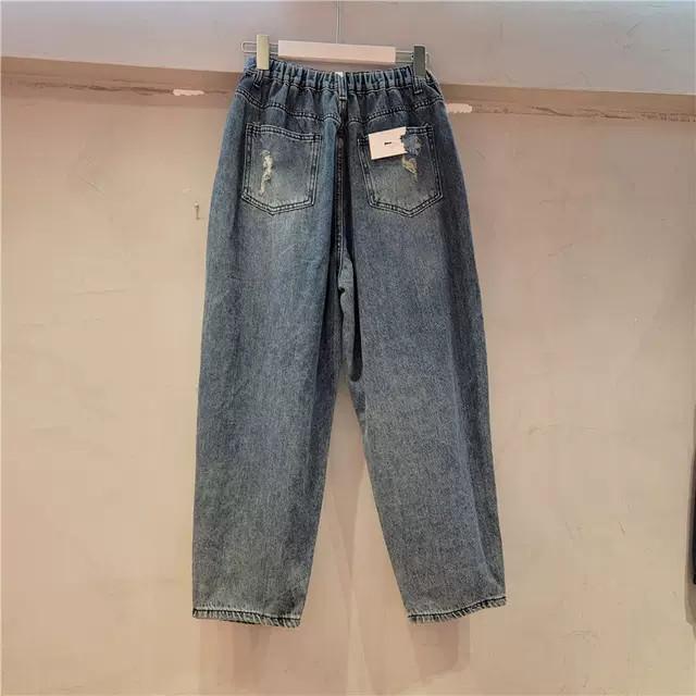 レディース 牛仔パンツ 高腰 ワイドパンツ ストレートパンツ ブルー 破れ デコレーション 秋冬 デニム 生地 ポリエステル 混紡 厚手 ゆったり シルエット 日常使い 日韓 スタイル 気質 優雅 長丈