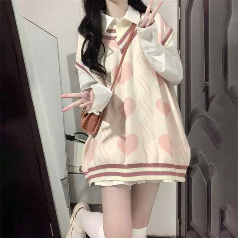 ニット トップス セット レディース 秋冬 かわいい 学院風 ピンク ハート モチーフ 馬甲 タイプ 白色 シャツ 長袖 切り替え デザイン ?? 素材 気質 通勤 スタイル 都市 コーディネート 百搭 アイテム