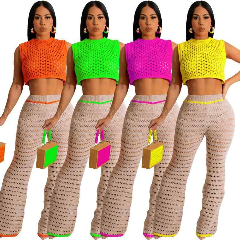レディース ニット 手勾き トップス ロングパンツ セットアップ 無袖 紗網 デザイン ポリエステル ポリウレタン 混紡 素材 快適 伸縮性 あり ヨーロピアン スタイル ユーラシア ファッション 都市 日常 デイリー ユース アウトドア アクティビティ