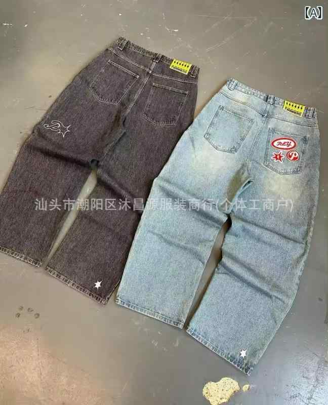 メンズ ジーンズ ストレート ゆったり 牛仔 復古 ヒップホップ ゴス ストリート Y2K 原宿 スタイル 長ズボン 中腰 ジッパー 普通厚 微弾性 印花 プリント 水洗 免? 処理 灰 浅青 色 ?? 混紡 素材 休? デイリー 青少年 向け オールシ