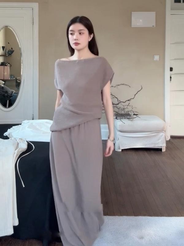 レディース ニット トップス スカート セット 女性用 夏 気質 斜め肩 半身スカート 長め 毛混紡 ポリエステル スパンデックス 伸縮性 かき色 復古風 芸術的 レトロ ゆったり 肩出し スリーブレス 風 袖なし デザイン 軽量 通気性 日常使い デー
