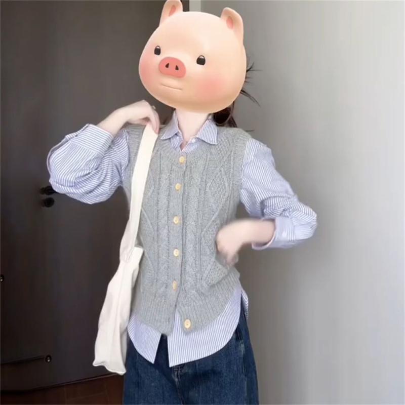 レディース ニット トップス 開衫 毛衣 無袖 背心 条紋 シャツ 長袖 セット 雪ニール スパンデックス グレー 秋 私服 御姐 風 公主袖 切り替え かわいい ゆったり シルエット 軽量 伸縮性 普段使い 通勤