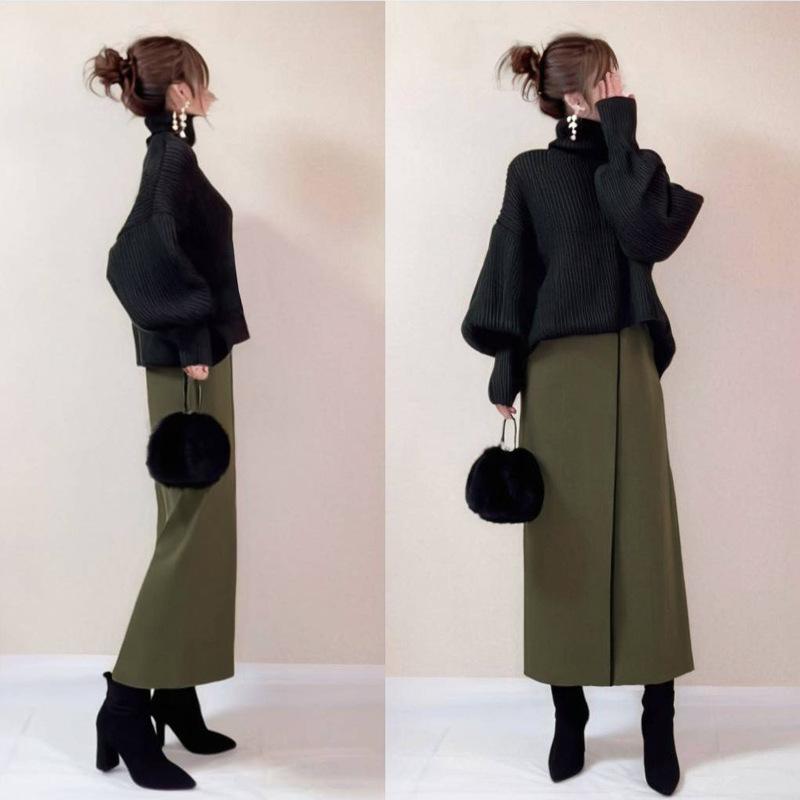 ニット トップス スカート セット レディース ハイネック 単色 切り替え デザイン 黒 緑 秋冬 冬 春 ポリエステル 素材 長丈 スカート 半身 丈 日常 スタイル 日韓 ファッション 気質 袖 長め 袖 タイプ ユニセックス 対応