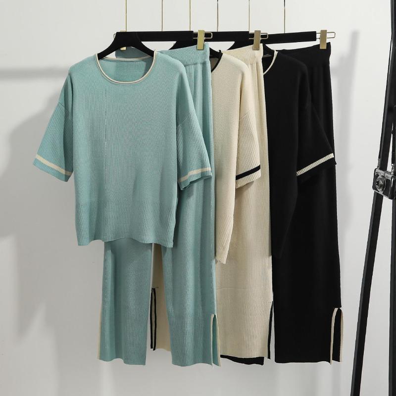 レディース セットアップ 短袖 ニット トップス ワイドパンツ 2点セット ゆったり シルエット 女性用 私服 スタイル 御姐風 公主袖 5分袖 ・届? 素材 黒 杏 緑 夏 休? ファッション 減? 洋気