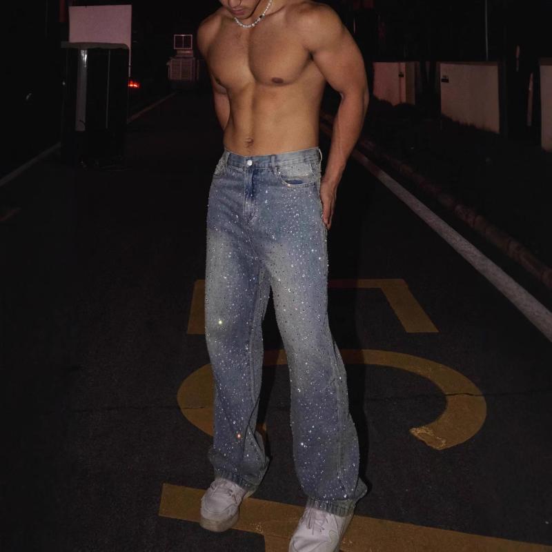 メンズ デニムパンツ 直筒 長ズボン 中腰 ジッパー 春 ポリエステル ハイストレッチ 青 日常 復古 ラフ ストリート 青少年 成人 基本 洗い加工 普通厚