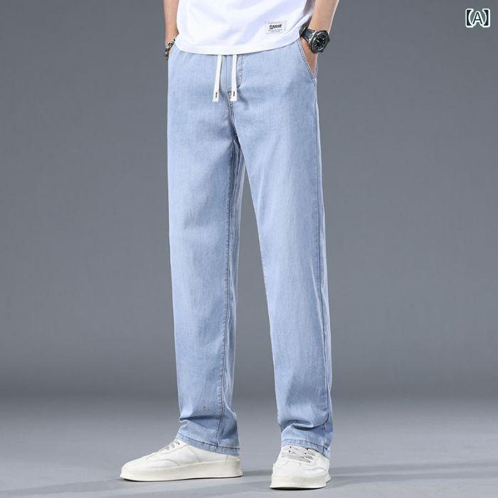 メンズ 牛仔パンツ 直筒 薄手 夏用 レイヨン混 ポリエステル混 ストレッチ ミッドライズ ドローストリング ウォッシュ加工 ゆったり ビジネス カジュアル 運動 浅い青 深い青 深いグレー