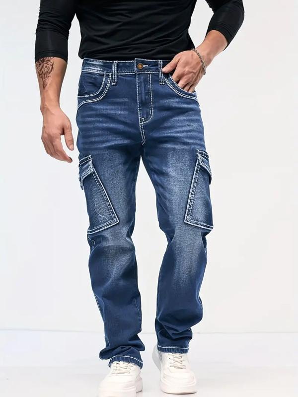メンズ ジーンズ 牛仔パンツ 直筒 ワイド ロングパンツ 多ポケット ミッドライズ コットン素材 コットン60％ ノーストレッチ ウォッシュ加工 ネイビー 日常着 カジュアル 秋冬 オールシーズン 青少年向け ゆったりシルエット 膝下丈 ジッパー開閉 普