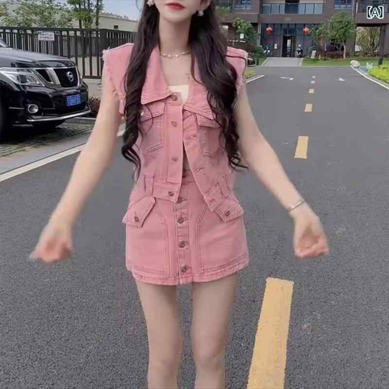 レディース 無袖 工装 馬甲 上衣 高腰 A 字 短裙 セットアップ 牛仔 風 夏 服 ピンク 街頭 スタイル ポケット 付き デニム 生地 ?? 混 紡 スカート セット トップス スカート 組み合わせ かわいい 辣妹 風 無袖 トップス ハイウエスト