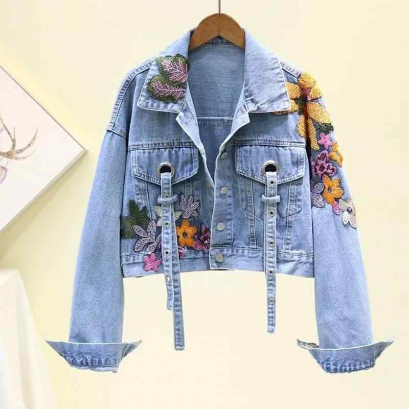 レディース 牛仔ジャケット 短丈 花刺繍 シースルー 3D 柄 ブルー 直筒 無袖 無領 ボタン 学院風 清新 甘め 冬 ミドル厚