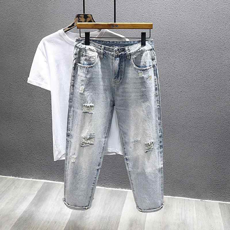 メンズ デニムパンツ 直筒 ミドルウエスト 破れ 加工 コットン 100% ライトブルー 夏 通勤 日常 青年 向け カジュアル スタイル 基本 デザイン 長丈 ジッパー 開閉 普通 厚み 水洗 加工 ノンストレッチ ストレート 裾 イージーケア