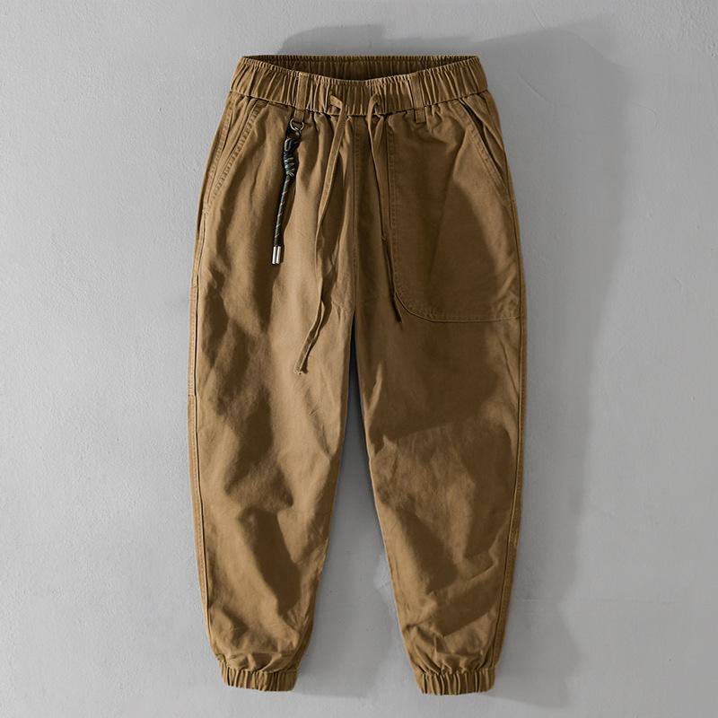 メンズ 工装パンツ 束脚 ワイドパンツ 綿素材 純色 ミリタリー カーゴパンツ アメリカン スタイル レトロ 快適 ゆったり 青年 潮流 長ズボン 中腰 ドローストリング 普通厚 無弾性 金属装飾 手編み 色落ち耐性 秋季 春秋 ミリタリーグリーン グレ
