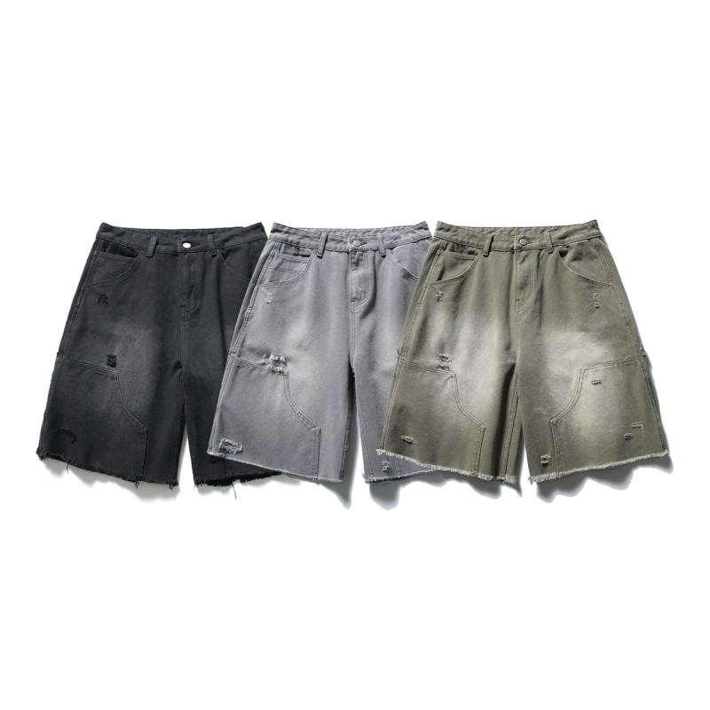 メンズ ショートパンツ 工装 夏 ワイド ミッドライズ コットン 100% 微弾性 直筒 ポケット 破れ ウォッシュ加工 グレー 黒 緑 ゆったり 普段使い カジュアル ティーン ビンテージ風