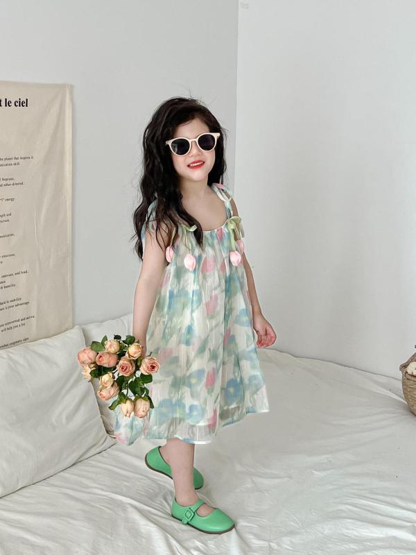 女の子 ワンピース 夏 かわいい 気質 甘め 立体 チューリップ グラデーション 花柄 二層 チュール 吊り下げ プリンセス スカート コットン 混紡 綿 90% 軽量 通気性 涼しい 日常着 女児 3-8歳 100-140cm 春夏 シーズン かわいい