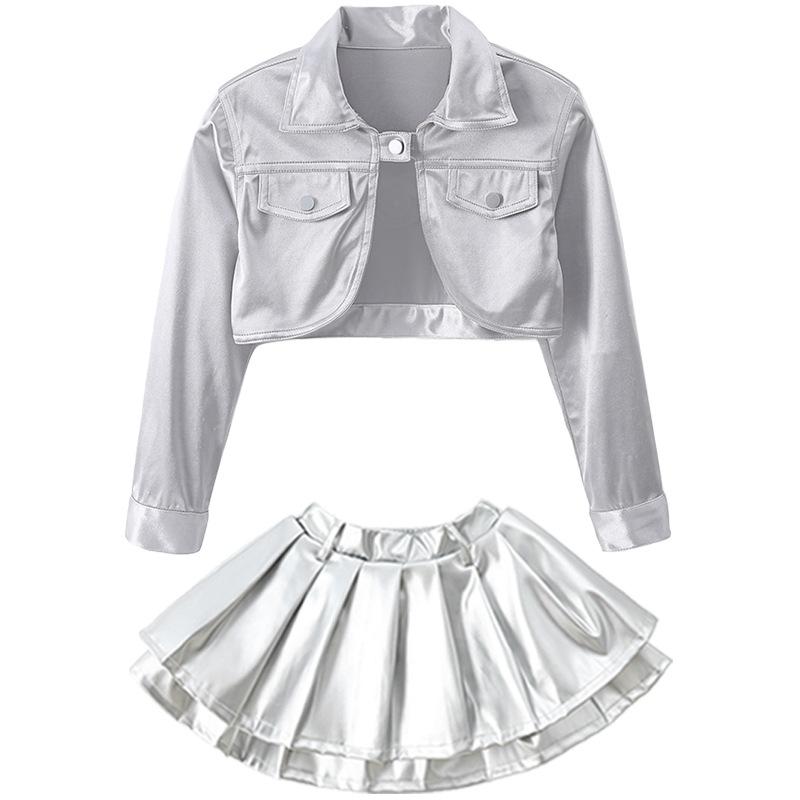 キッズ ダンス衣装 ヒップホップ ストリートダンス 子供 男の子 女の子 冬 セットアップ シルバー 光る セクシー 派手 ステージ衣装 光沢 ポリエステル ワイドシルエット ダンスパフォーマンス キッズストリートファッション ヒップホップダンス 冬用ダ