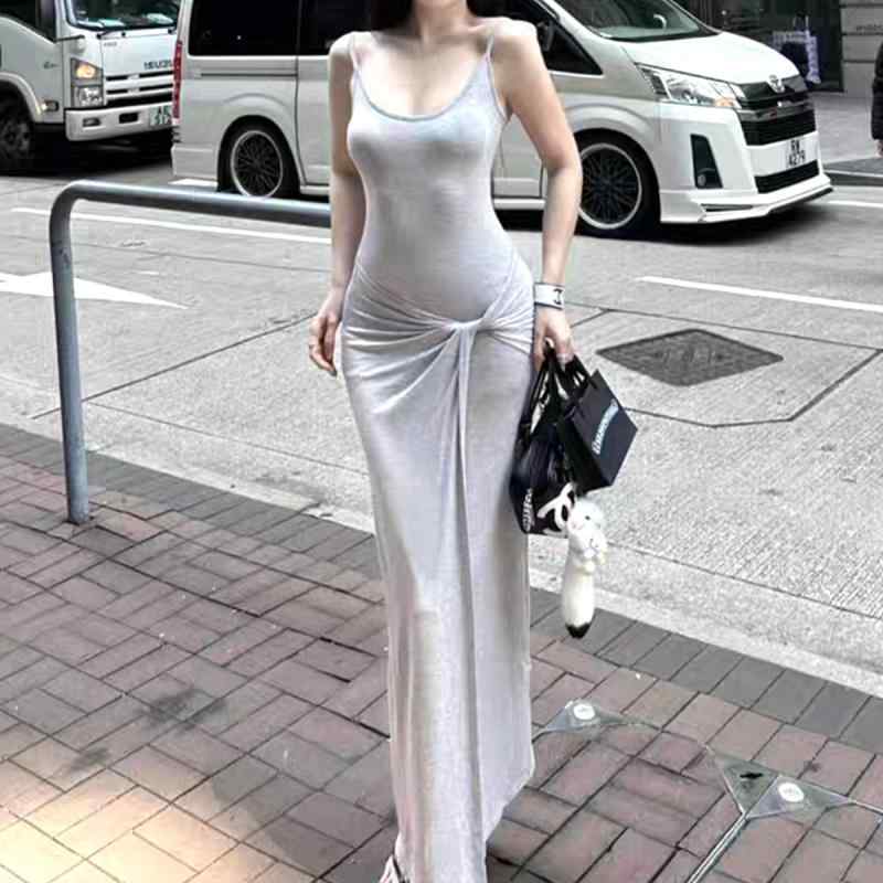ワンピース 女性用 吊り帯 長丈 Aライン 高腰 修身 グレー ・柑其 藏青 夏 純色 無袖 セットアップ 単品 針織 街頭 セクシー 欧米風